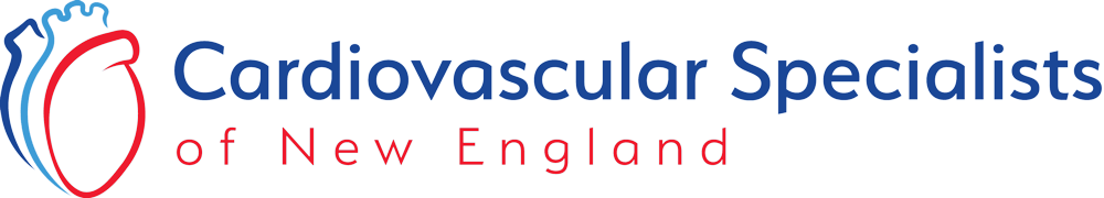 Logo of Cardiovascular Specialists of New England, featuring a stylized heart outline in red and blue, with the organization's name written in blue and red text.