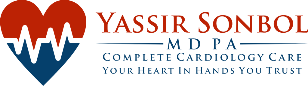 Logo of a cardiology practice with a heart and heartbeat line design, featuring the text: "Yassir Sonbol MD PA Complete Cardiology Care Your Heart In Hands You Trust.