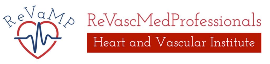 Logo of ReVaMP (ReVascMedProfessionals) Heart and Vascular Institute with a heart shape incorporating a heartbeat line on the left and the institute name in red text on the right.