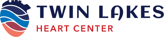 Logo of Twin Lakes Heart Center with stylized heart and waves on the left and the text "Twin Lakes Heart Center" on the right, "Twin Lakes" in blue and "Heart Center" in red.