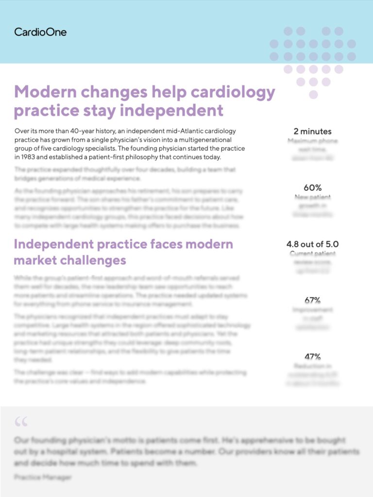 A medical brochure highlights a cardiology practice's growth and challenges. Key statistics include patient wait time, satisfaction rates, and independent practice insights.