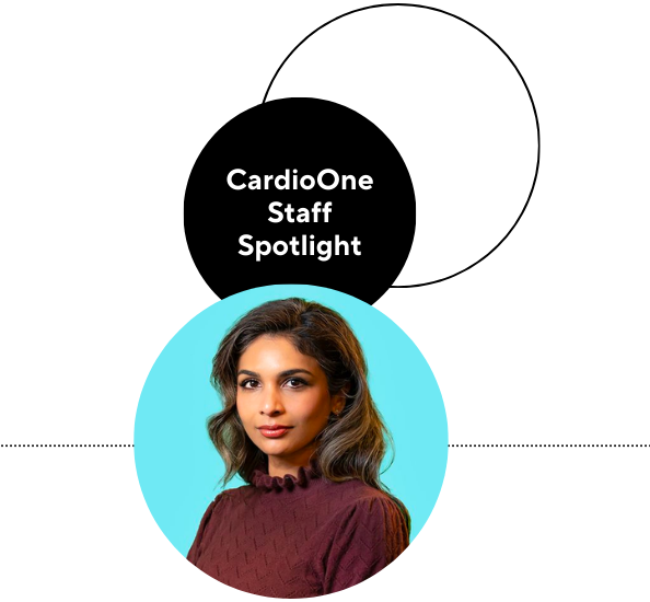 A person with wavy hair is featured in a circular frame. Text reads "CardioOne Staff Spotlight" against a black background.